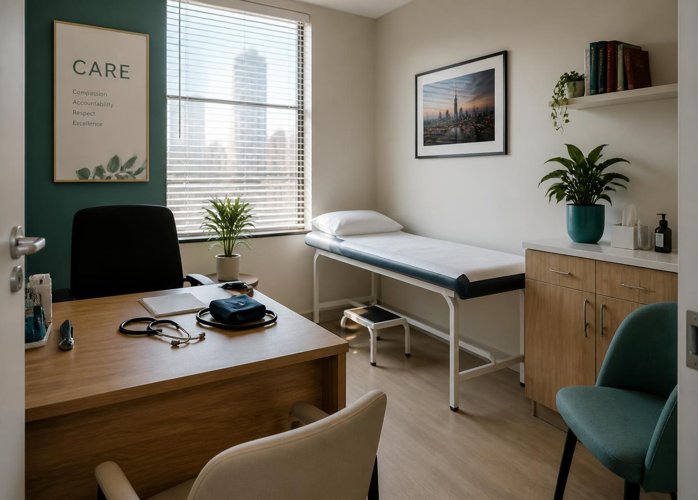 Doctor's consulting room at Dr. Nkadimeng's practice in Johannesburg CBD